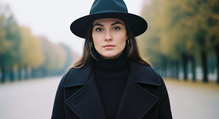 Portrait of a beautiful young woman in a black coat and hat.の素材