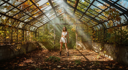 Beautiful girl in a white dress in an old greenhouse. Autumn.の素材