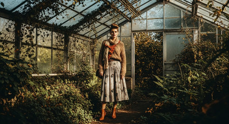 Fashion portrait of beautiful young woman posing in a greenhouse. Beauty, fashion.の素材