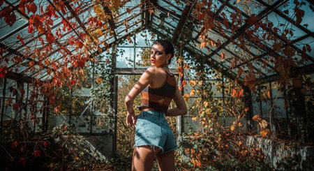 Beautiful young woman posing in an industrial greenhouse with red leaves.の素材