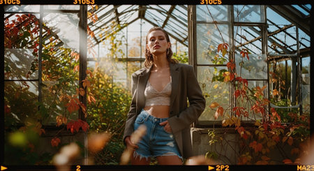 Beautiful young woman in a jacket and shorts in a greenhouse.の素材