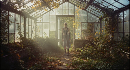 A young man stands in a greenhouse in autumn. The concept of environmental protection.の素材