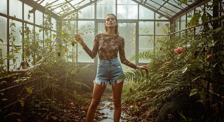 Beautiful young woman posing in a greenhouse. Toned image.の素材