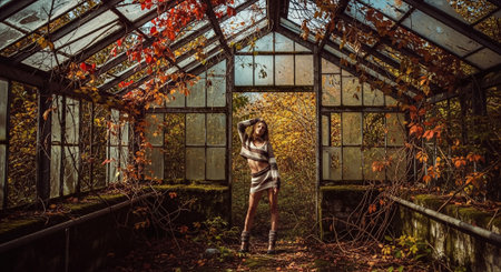 Beautiful brunette girl in an old greenhouse. Autumn photo.の素材