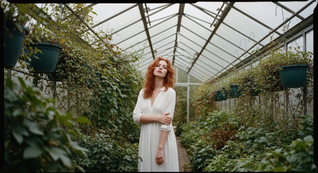 Beautiful red-haired girl in a white long dress in the greenhouseの素材