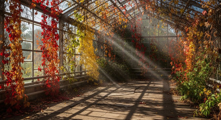 Autumn scene with sunbeams passing through the trees in a greenhouseの素材