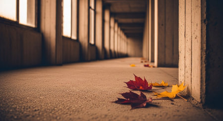 Autumn leaves on the ground in an abandoned building. Selective focus.の素材