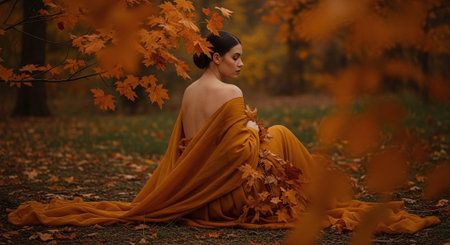 Beautiful young woman in a long orange robe in the autumn forestの素材
