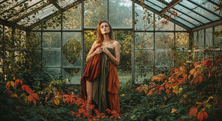 Beautiful young woman in an orange dress in a greenhouse among the autumn leavesの素材