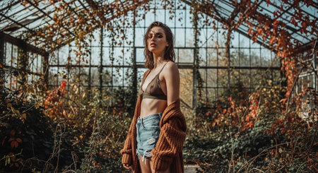 Beautiful young woman in a knitted sweater and jeans posing in a greenhouseの素材