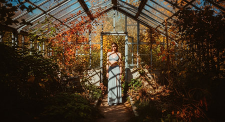 Pregnant woman in a greenhouse. Beautiful pregnant woman in a greenhouseの素材