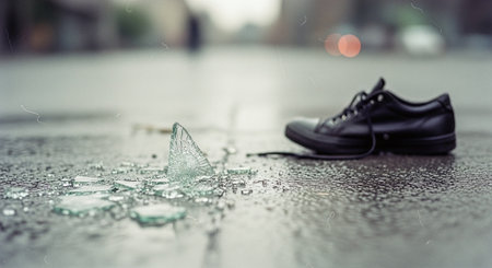 Broken glass and shoes on the floor in the rain. Shallow depth of fieldの素材