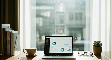 Laptop with financial chart on screen and coffee cup on table in officeの素材