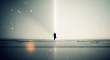 Silhouette of a businessman standing in front of a light beamの素材