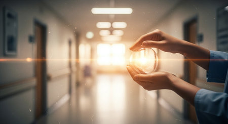 Hands of doctor holding crystal ball in hospital corridor. Mixed mediaの素材