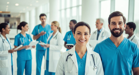 Healthcare people group. Professional doctor working in hospital office or clinic with other doctors, nurse and surgeon.の素材