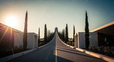 Beautiful view of the road in the middle of cypressesの素材