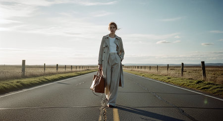 Stylish woman in trench coat with handbag walking on country roadの素材