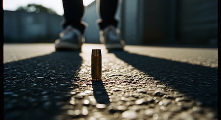 Women's legs in sneakers and a bullet on the asphalt close-upの素材