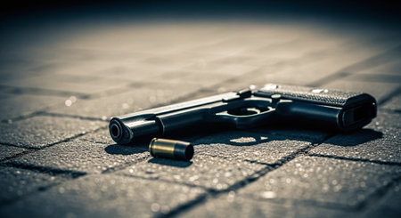 Pistol and bullet on the ground. Selective focus. Toned.の素材
