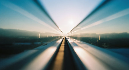Motion blur of train moving on the bridge at sunset. Motion blur background.の素材