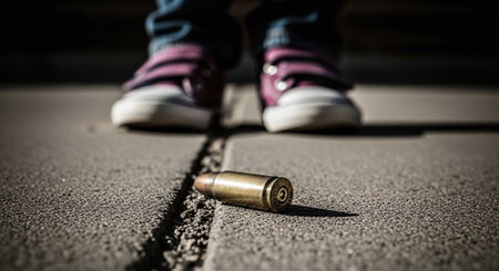 A closeup of a bullet on the ground with a female legs in the backgroundの素材