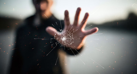 Man on blurred background using broken glass screen with his fingers 3D renderingの素材