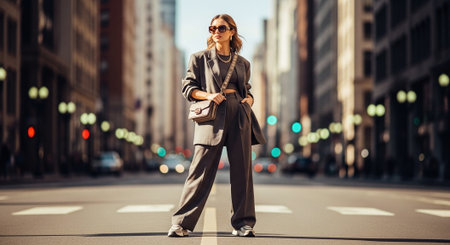 Beautiful business woman walking in the city street. Business concept.の素材