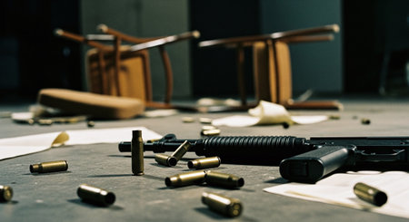 Gun and bullets on a table in a crime scene. Selective focus.の素材
