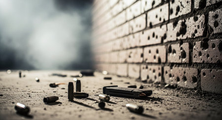 Conceptual image of crime scene with bullet holes in concrete wall. Selective focusの素材