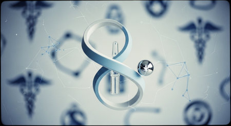 Digital composite of Blue ribbon with DNA symbol against blue and grey backgroundの素材