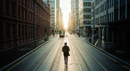A young man walking in a city street at sunset, London, UKの素材