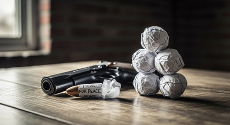 Gun and crumpled paper balls on a wooden table in the officeの素材