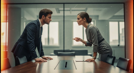 Businesswoman and businessman discussing documents and ideas at meeting table in officeの素材
