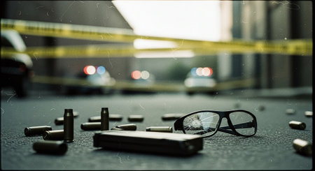 Crime scene. Glasses lying on the crime scene. Blurred background.の素材
