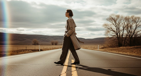 Full length portrait of young businessman walking on empty road. Business conceptの素材