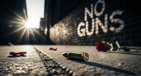bullet and rose on the ground with the word no gun in the backgroundの素材