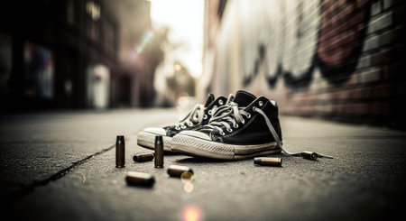 Sneakers with bullets on the street. Selective focus.の素材