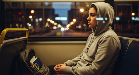 Young woman in a hooded sweatshirt sitting in a bus at nightの素材