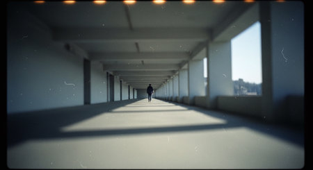 Silhouette of a man walking in a corridor in a buildingの素材