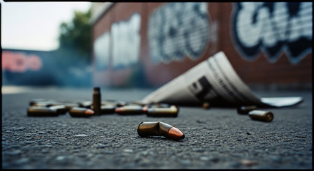 bullets on the ground with a newspaper in the background, concept of crimeの素材