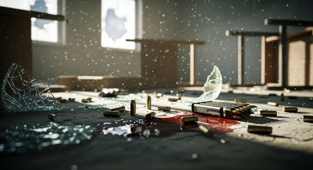 Concept of crime scene with bullet holes and gun. Mixed mediaの素材