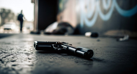 Shot of a gun on the ground with a criminal in the backgroundの素材