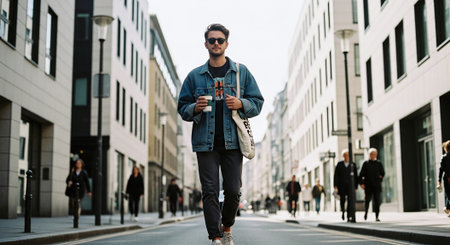 Portrait of a handsome young man in sunglasses and a denim jacket walking on the street.の素材