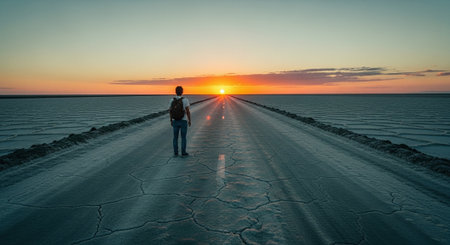 Man standing on the road and looking at the sunset in the salt lakeの素材