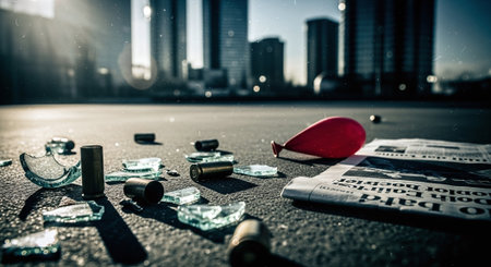 Broken glass and newspaper lying on the ground with cityscape backgroundの素材
