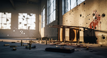 3d rendering of bullet holes in the interior of an abandoned buildingの素材