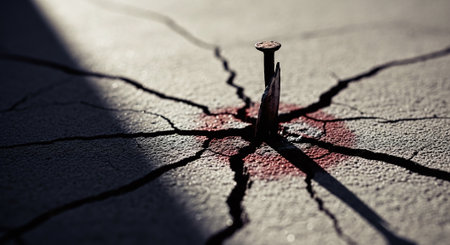 Close up of a nail on a cracked ground with a red spotの素材