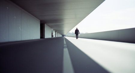 Businessman walking in a modern corridor with a view of the cityの素材