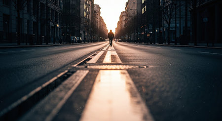 Man walking on the street at sunset in Paris, France. Long exposureの素材